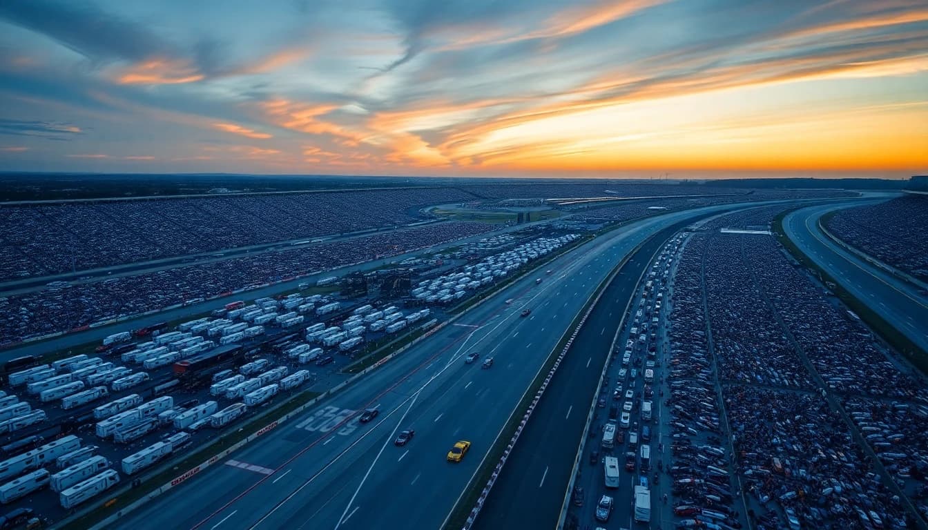 Aerial view of NASCAR track infield filled with RVs
