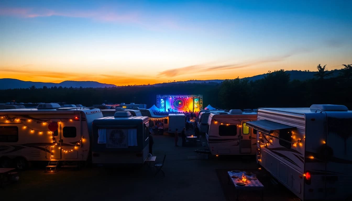RVs at a music festival campground with festival lights in background