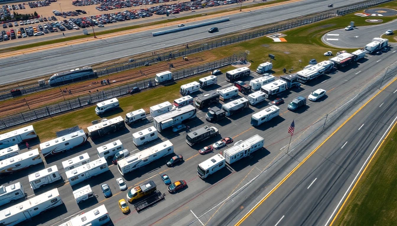 NASCAR infield RV camping with motorhomes lining the track