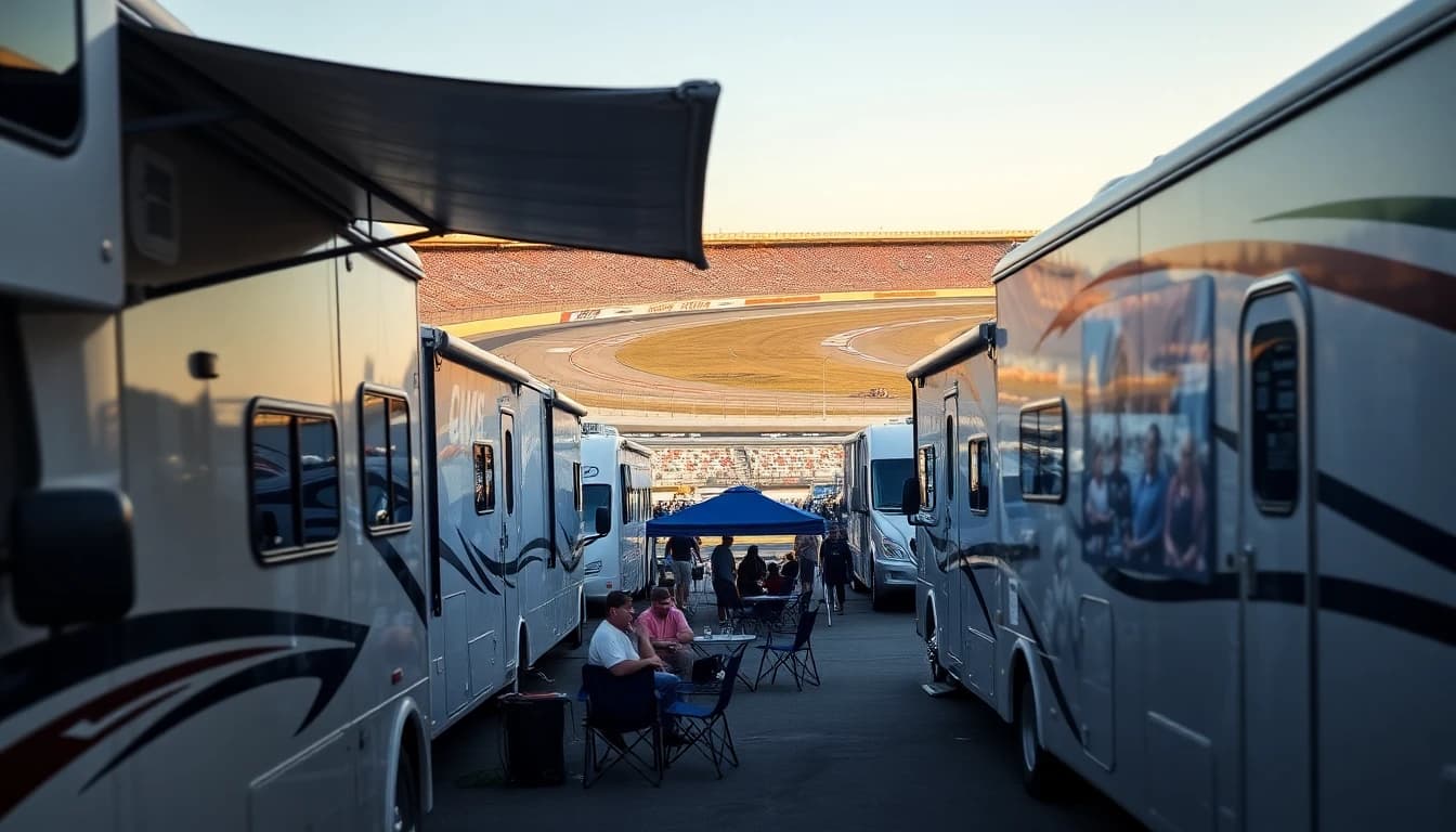 RVs parked in NASCAR track infield with race cars on track