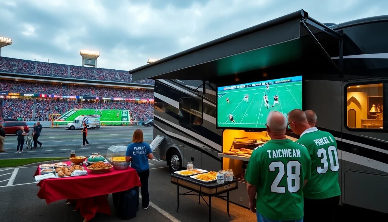 RV hospitality setup outside an NFL stadium on game day