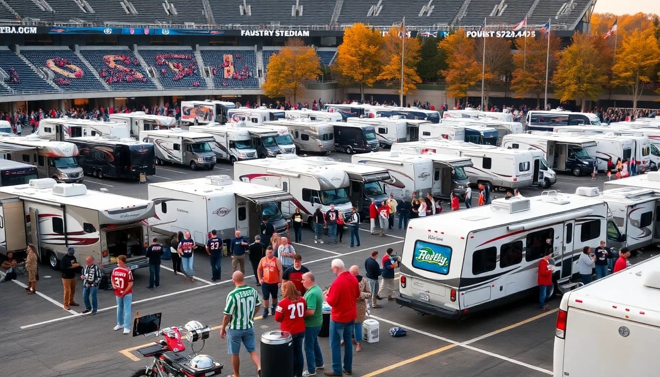RVs in stadium parking lot with fans tailgating before football game