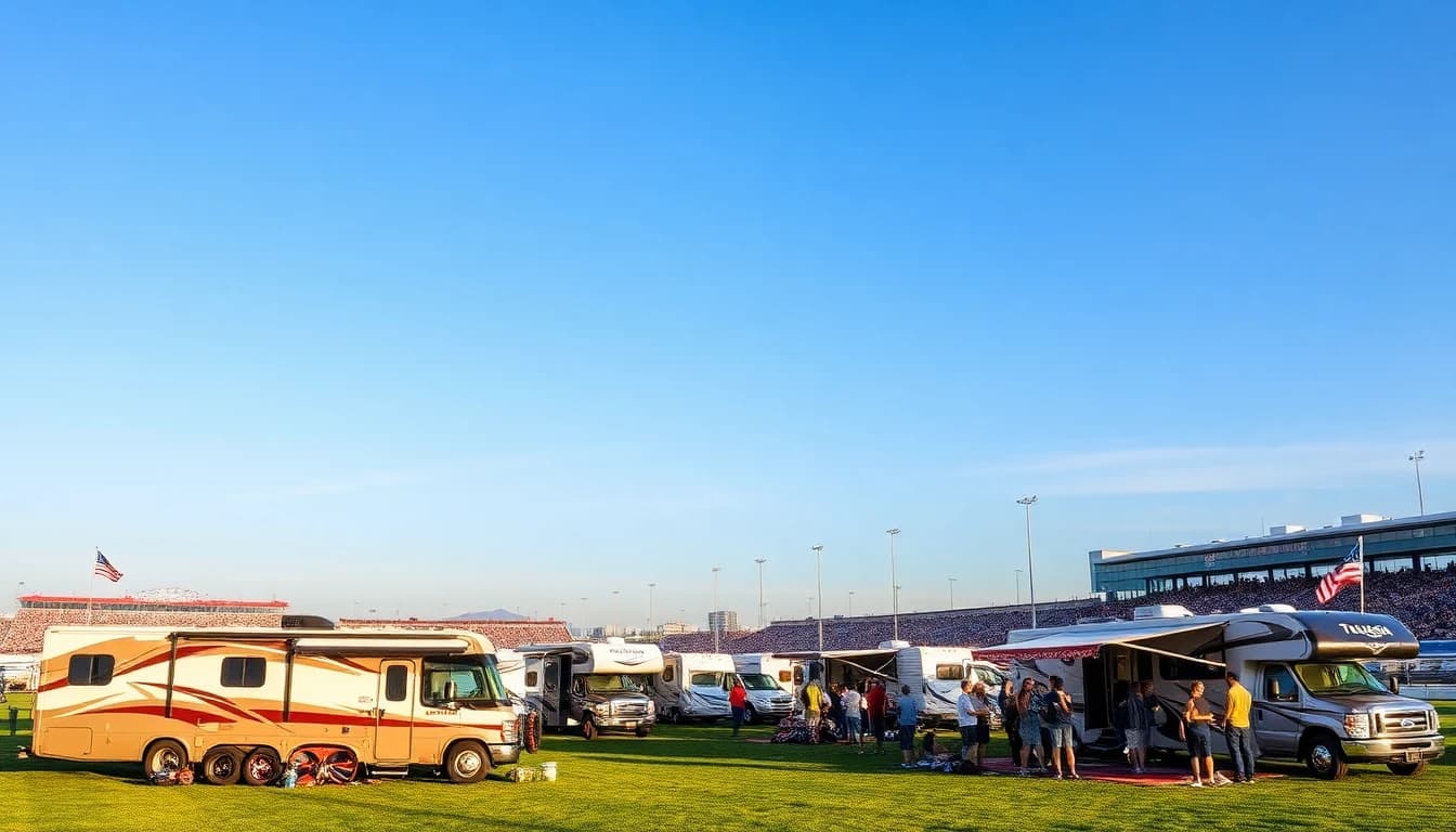RV camping at Talladega Superspeedway with RVs lined up along the Boulevard