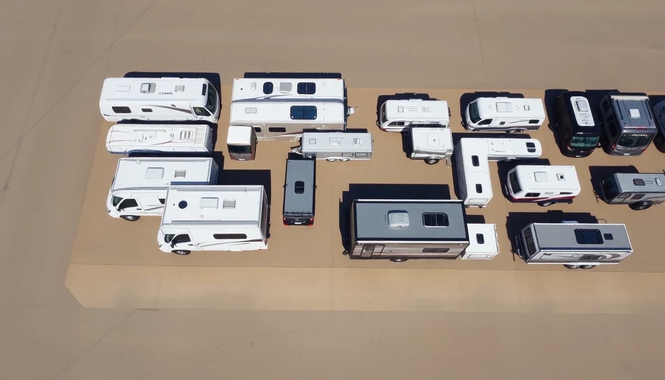 Various types of RVs lined up showing Class A, B, and C motorhomes