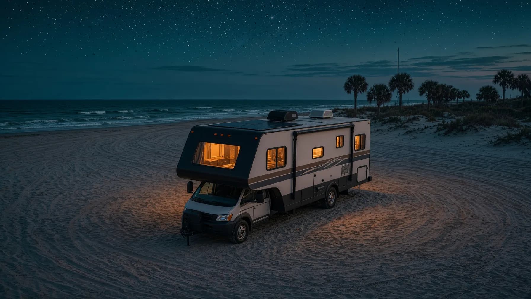 A single solar-equipped motorhome dry camping on a barrier-island beach under a starry night sky