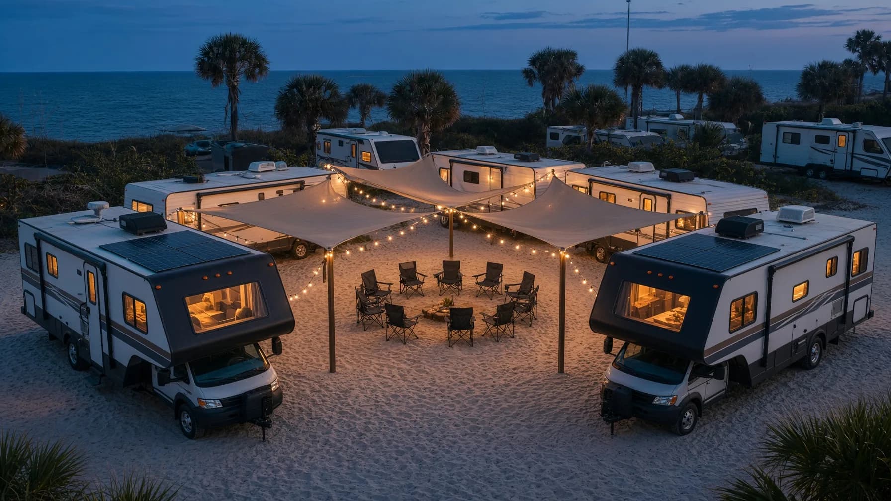 A cluster of self-contained RVs arranged around a shaded, string-lit communal area for a coastal theme camp at dusk